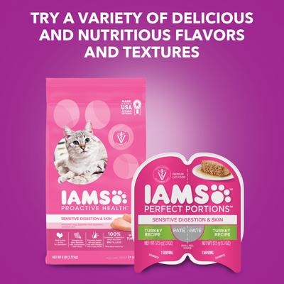 Show full view: Iams Perfect Portions Sensitive Digestion & Skin Adult Turkey Recipe Grain-Free Pate Wet Cat Food, 2.6-oz, case of 24 twin packs slide 10 of 11