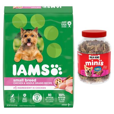 Show full view: Iams ProActive Health Adult Small Breed Dry Food + Milk-Bone Mini's Flavor Snacks Beef, Chicken & Bacon Flavored Biscuit Dog Treats slide 1 of 9