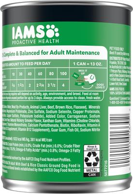 Show full view: Iams ProActive Health Classic Ground with Beef & Whole Grain Rice Adult Canned Wet Dog Food, 13-oz can, case of 12 slide 3 of 11
