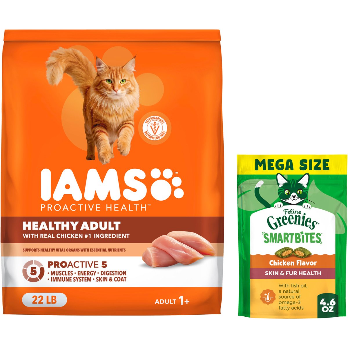 Iams ProActive Health Healthy Adult Original with Chicken Dry Cat Food, 22-lb bag + Greenies Feline SmartBites Healthy Skin & Fur Chicken Flavor Cat Treats, 4.6-oz bag