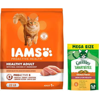 Iams Iams ProActive Health Healthy Adult Original with Chicken Dry Cat Food, 22-lb bag + Greenies Feline SmartBites Healthy Skin & Fur Chicken Flavor Cat Treats, 4.6-oz bag