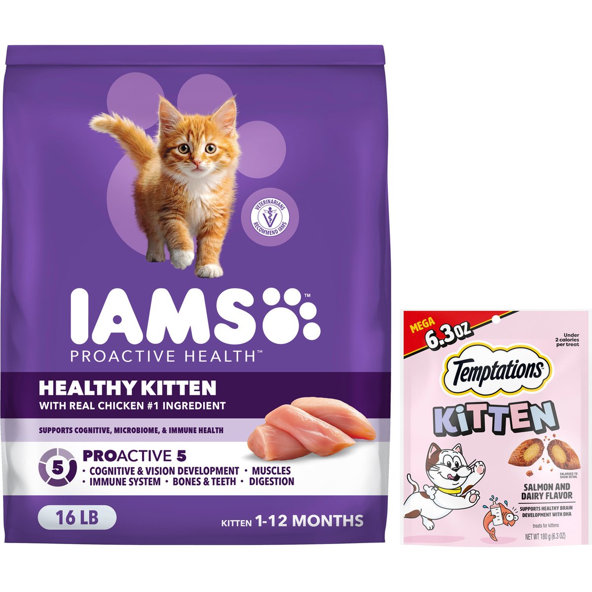 Iams ProActive Health Kitten Dry Cat Food + Temptations Salmon & Dairy Flavor Treats