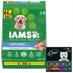 Iams Proactive Health Large Breed Real Chicken Adult Dry Food + Cesar Poultry Variety Pack Real Chicken, Turkey & Duck Wet Dog Food