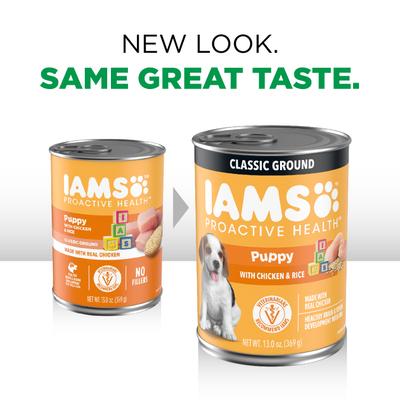 Show full view: Iams Proactive Health Puppy High Protein DHA Formula Real Chicken Dry Food + Classic Ground Chicken & Rice Puppy Wet Dog Food slide 7 of 9
