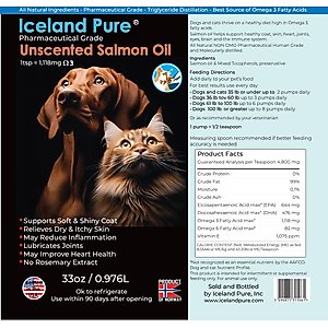 Iceland Pure Pet Products Unscented Pharmaceutical Grade Salmon Oil Liquid Dog & Cat Supplement, 33-fl oz bottle