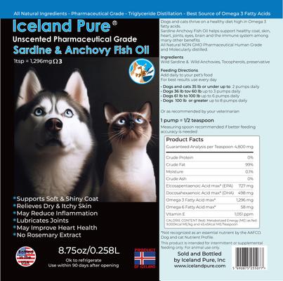 Show full view: Iceland Pure Pet Products Unscented Pharmaceutical Grade Sardine & Anchovy Oil Liquid Dog & Cat Supplement, 8.75-fl oz bottle slide 6 of 7