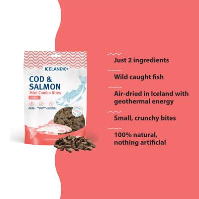 Show full view: Icelandic+ Grain-Free Mini Cod & Salmon Combo Bites Adult Crunchy Cat Treats, 1.7-oz bag slide 4 of 5