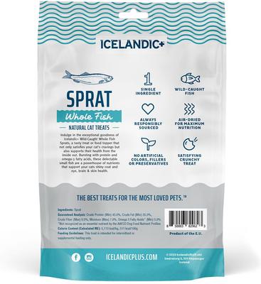 Show full view: Icelandic+ Grain-Free Sprats Whole Fish Adult Crunchy Cat Treats, 0.85-oz bag slide 3 of 7