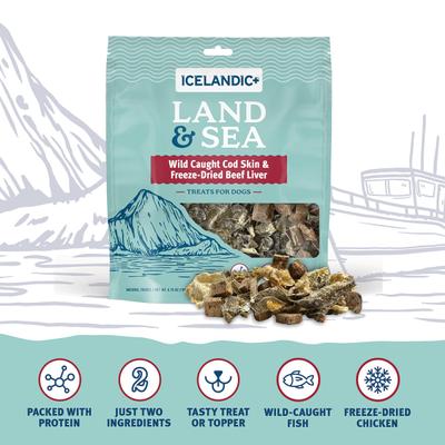 Show full view: Icelandic+ Land & Sea Cod Skin & Beef Liver Freeze-Dried Dog Treats, 2.4-oz bag slide 6 of 8