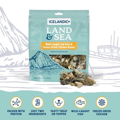 Show full view: Icelandic+ Land & Sea Cod Skin & Chicken Breast Freeze-Dried Dog Treats, 2.4-oz bag slide 6 of 7