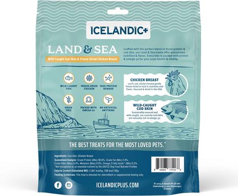 Show full view: Icelandic+ Land & Sea Cod Skin & Chicken Breast Freeze-Dried Dog Treats, 6.75-oz bag slide 3 of 8