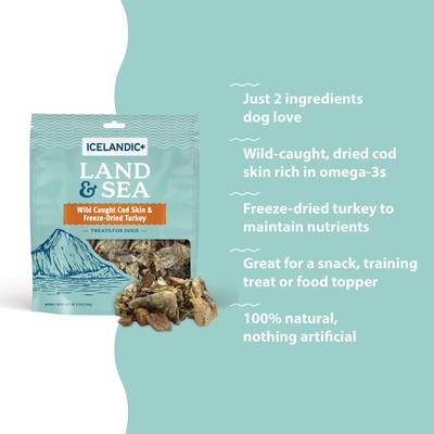 Show full view: Icelandic+ Land & Sea Cod Skin & Turkey Freeze-Dried Dog Treats, 2.4-oz bag slide 7 of 8