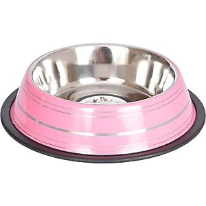 Iconic Pet Color Splash Stripe Non-Skid Stainless Steel Dog & Cat Bowl, Pink, 8-oz
