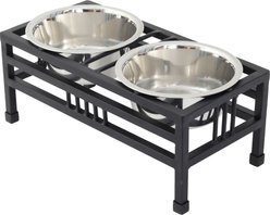 Iconic Pet Elevated Rectangular Non-Skid Stainless-Steel Double Diner Dog Bowl, Black, Large: 64-oz