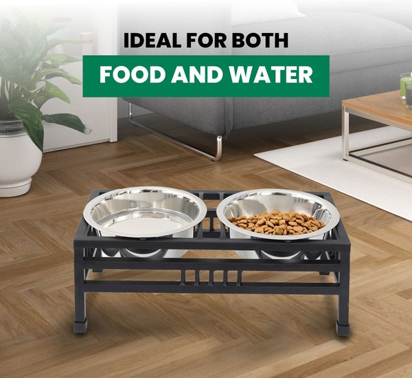 Iconic Pet Elevated Rectangular Non-Skid Stainless-Steel Double Diner Dog Bowl, Black