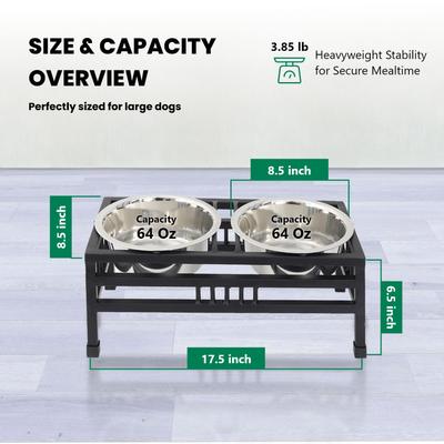 Show full view: Iconic Pet Elevated Rectangular Non-Skid Stainless-Steel Double Diner Dog Bowl, Black, Large: 64-oz slide 9 of 10