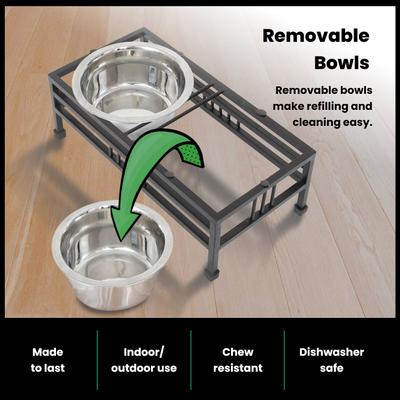 Show full view: Iconic Pet Elevated Rectangular Non-Skid Stainless-Steel Double Diner Dog Bowl, Black, Medium: 32-oz slide 5 of 9