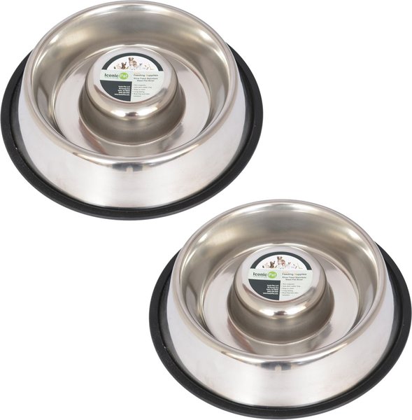 Iconic Pet Slow Feed Stainless Steel Dog & Cat Bowl, 2 count