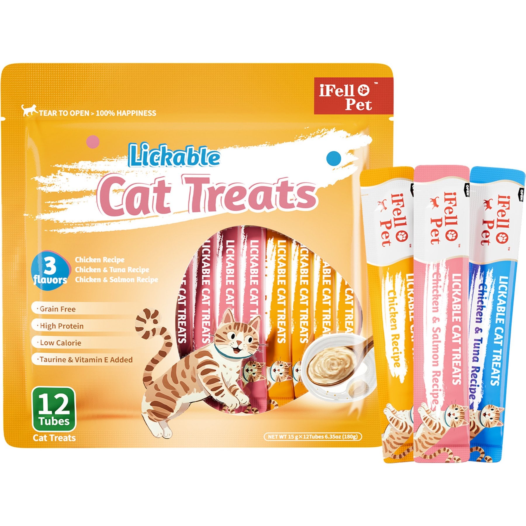 iFelloPet High-Meat Variety Pack Grain-Free Real Chicken & Seafood Lickable Cat Treats, 12 count bag