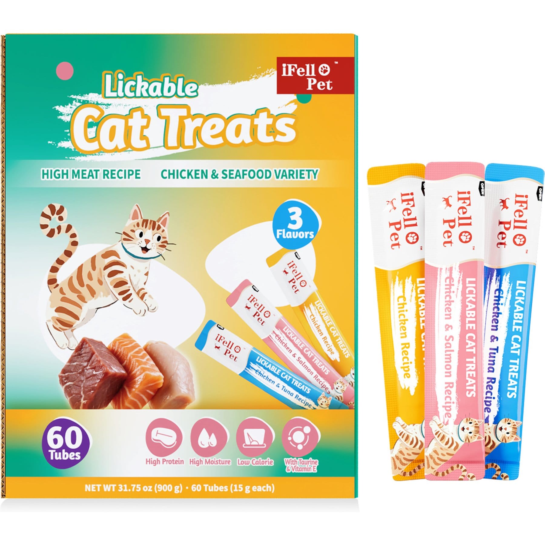 iFelloPet High-Meat Variety Pack Grain-Free Real Chicken & Seafood Lickable Cat Treats, 60 count box