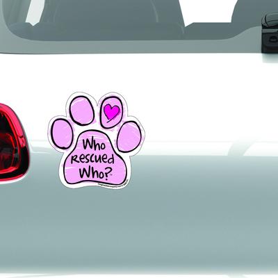 Show full view: Imagine This Company "Who Rescued Who?" Magnet, Paw Shape, Pink slide 3 of 5