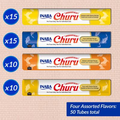 Show full view: Inaba Churu Beef & Cheese Variety Creamy Puree Grain-Free Lickable Cat Treats, 0.5-oz tube, 50 count slide 4 of 12