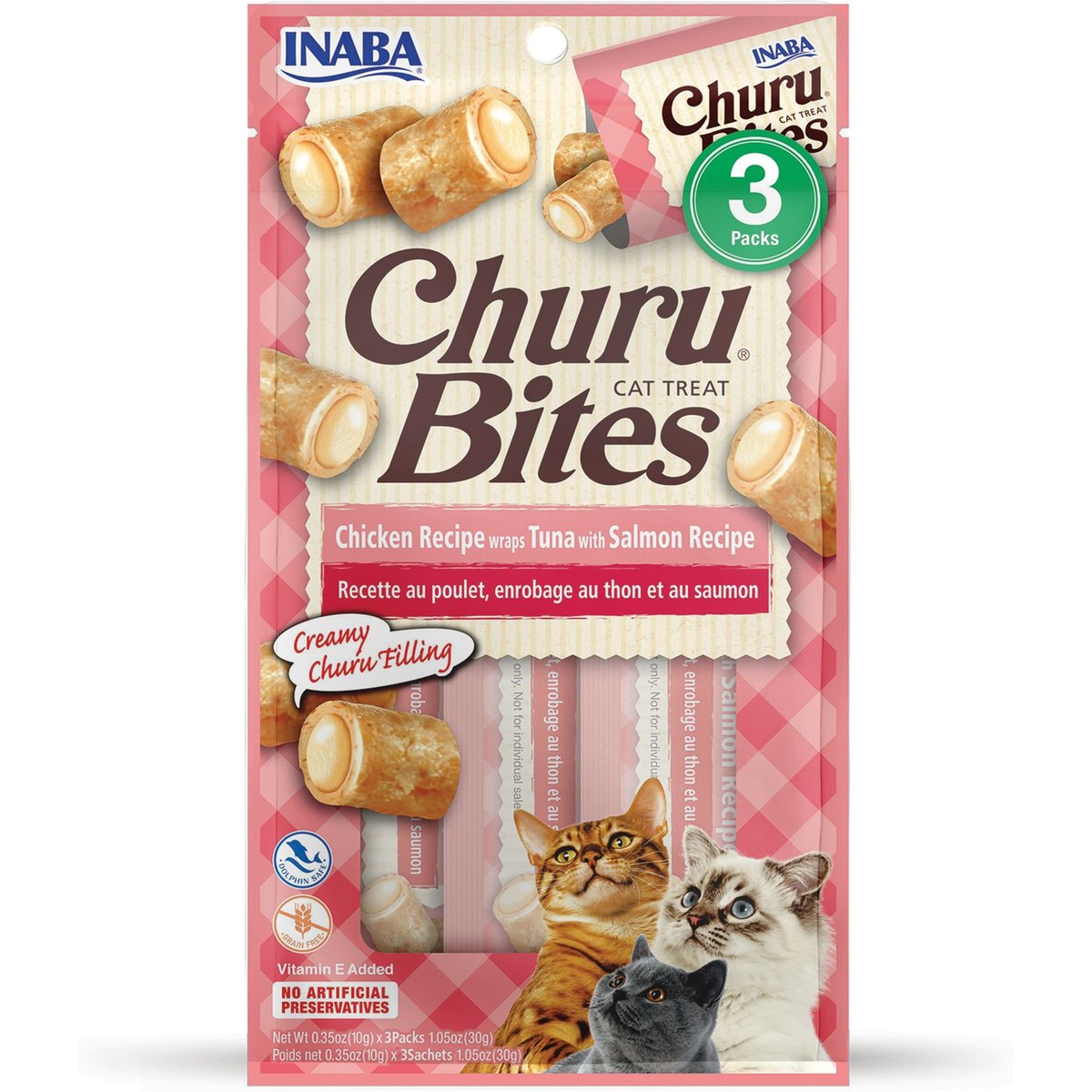 Inaba Churu Bites Chicken Wraps Tuna with Salmon Recipe Grain-Free Cat Treats, 0.35-oz tube, 3 count
