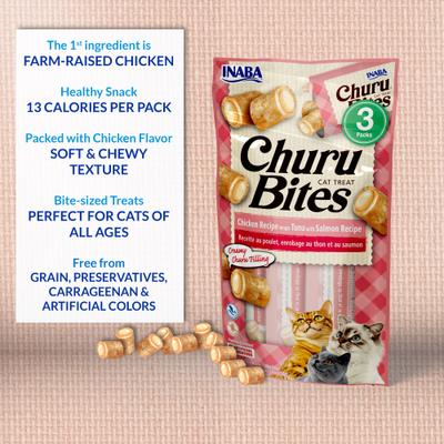 Show full view: Inaba Churu Bites Chicken Wraps Tuna with Salmon Recipe Grain-Free Cat Treats, 0.35-oz tube, 3 count slide 4 of 9