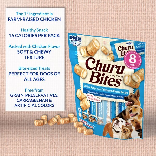 Inaba Churu Bites Wraps Chicken with Salmon Recipe Grain-Free Soft & Chewy Dog Treats, 0.42-oz, pack of 8
