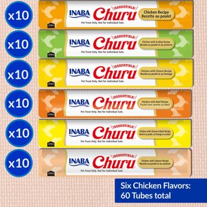 Inaba Churu Chicken Variety Six Flavor Creamy Puree Grain-Free Lickable Cat Treats, 0.5-oz tube, 60 count