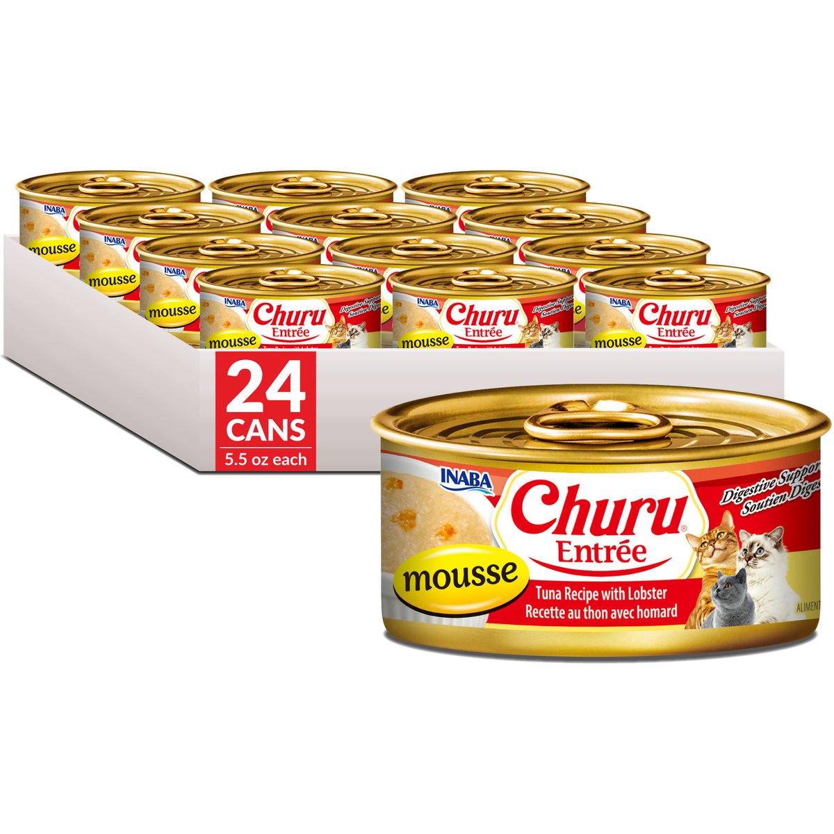 Inaba Churu Entree Mousse Tuna Recipe with Lobster Wet Cat Food, 5.5-oz can, case of 24
