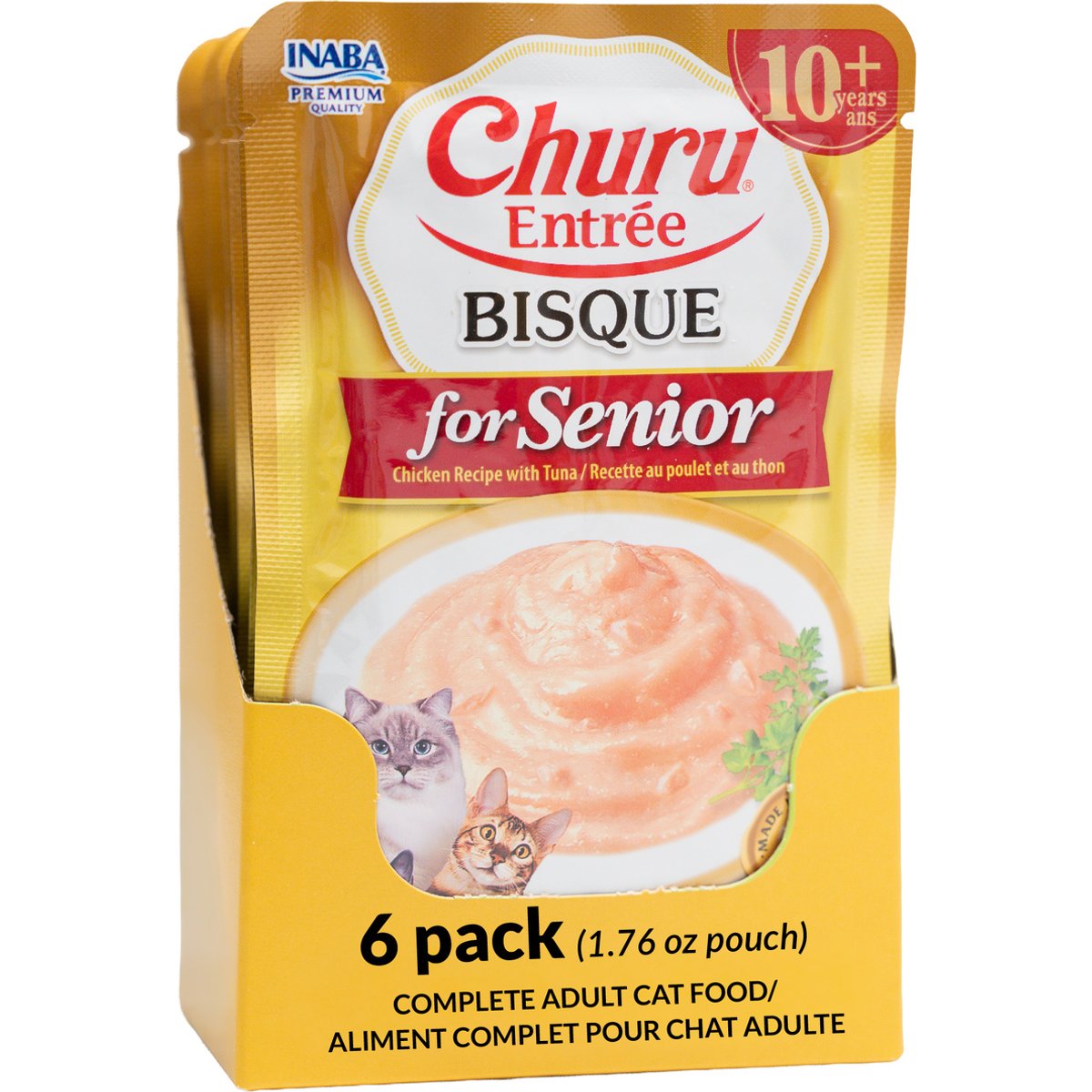 Inaba Churu Entrée Senior Chicken Recipe with Tuna Bisque Grain-Free, High Moisture, Prebiotic Bits-in-Broth Wet Cat Food, 1.76-oz pouch, 6 count