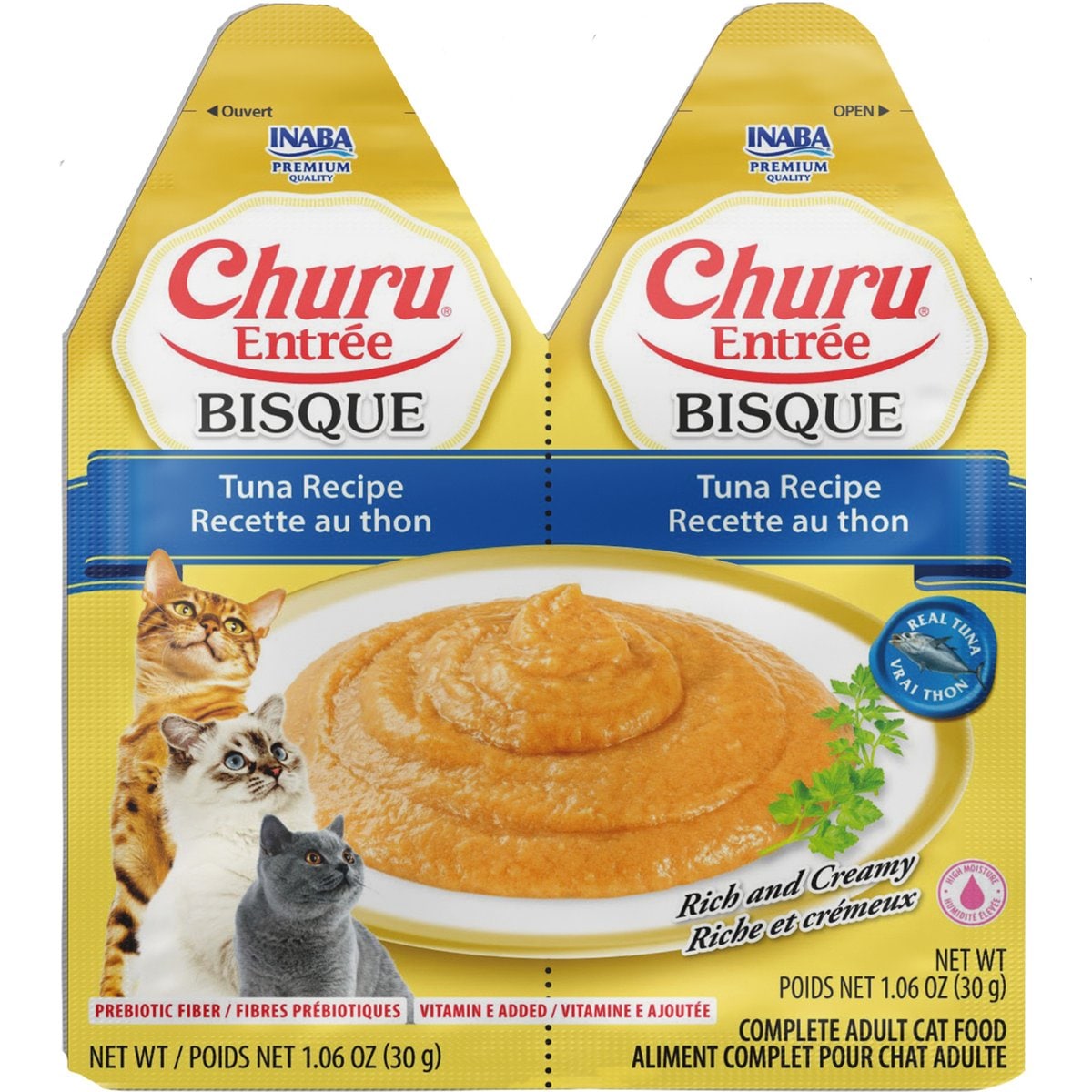 Inaba Churu Entrée Tuna Recipe Bisque Grain-Free, High Moisture, Prebiotic Bits-in-Broth Wet Cat Food, 1.06-oz twin pack, 12 servings