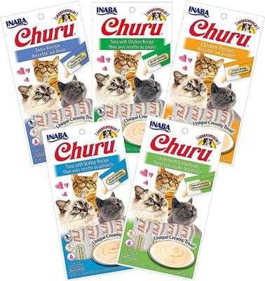 Show full view: Inaba Churu Grain-Free Chicken, Tuna, Scallop Puree Variety Pack Lickable Cat Treat, 0.5-oz tube, pack of 20 + Pet Fit for Life 5 Piece Squiggly Worm Wand Cat Toy slide 2 of 9