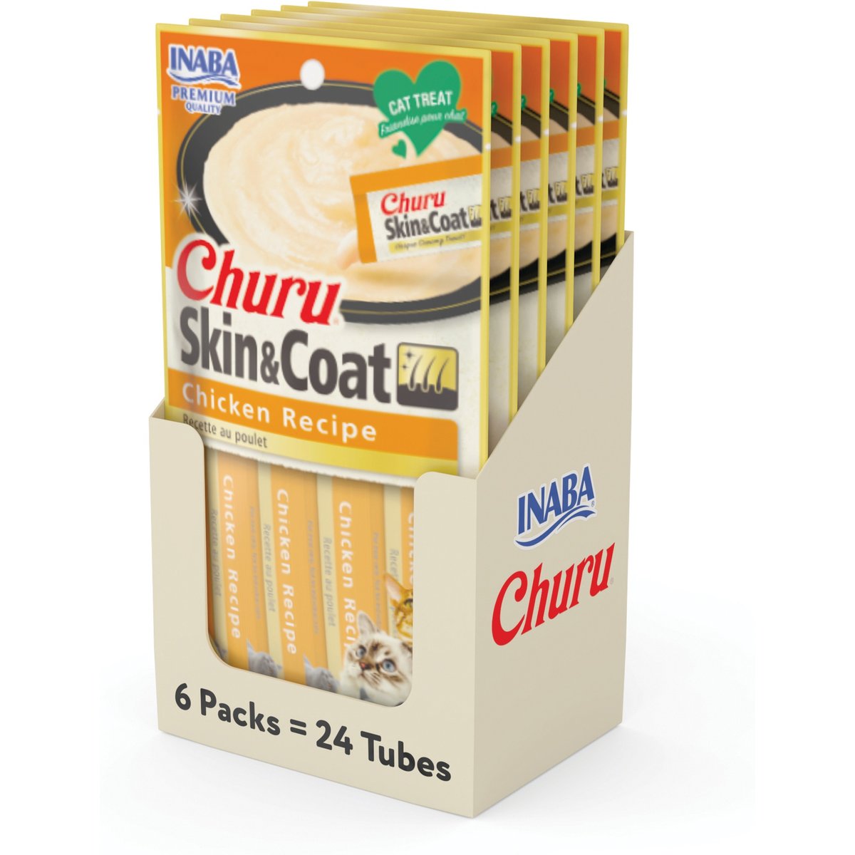 Inaba Churu Grain-Free Skin & Coat Chicken Recipe Lickable Cat Treat, 0.5-oz tube, bundle of 48