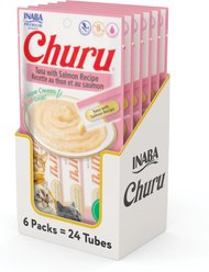 Inaba Churu Grain-Free Tuna with Salmon Puree Lickable Cat Treat, 0.5-oz tube, pack of 24