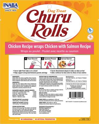 Show full view: Inaba Churu Rolls Chicken with Salmon Recipe Grain-Free Soft & Chewy Dog Treats, 0.42-oz, pack of 8 slide 3 of 8