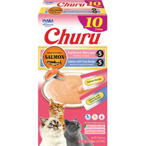 Inaba Churu Salmon & Tuna Variety Creamy Puree Grain-Free Lickable Cat Treats, 0.5-oz tube, 10 count