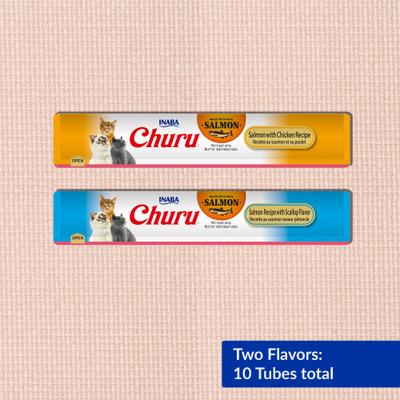 Show full view: Inaba Churu Salmon with Scallop & Chicken Variety Creamy Puree Grain-Free Lickable Cat Treats, 0.5-oz tube, 10 count slide 4 of 11