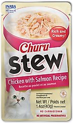 Inaba Churu Stew Chicken with Salmon Recipe Grain-Free Lickable Cat Treats, 1.4-oz pouch