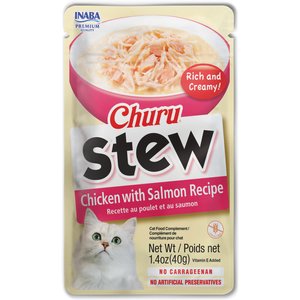 Inaba Churu Stew Chicken with Salmon Recipe Grain-Free Lickable Cat Treats, 1.4-oz pouch