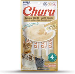 Inaba Churu Tuna with Bonito Flakes Recipe Creamy Puree Grain-Free Lickable Cat Treats, 0.5-oz tube, 4 count
