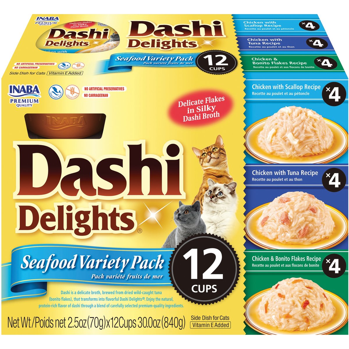 Inaba Dashi Delight Seafood Flavored Variety Pack Bits in Broth Cat Food Topping, 2.5-oz cup, case of 12