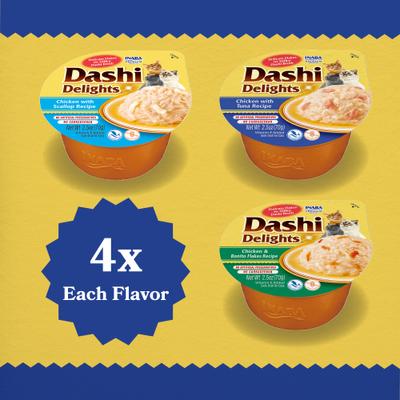 Show full view: Inaba Dashi Delight Seafood Flavored Variety Pack Bits in Broth Cat Food Topping, 2.5-oz cup, case of 12 slide 4 of 12