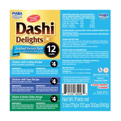 Show full view: Inaba Dashi Delight Seafood Flavored Variety Pack Bits in Broth Cat Food Topping, 2.5-oz cup, case of 12 slide 3 of 12