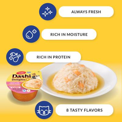 Show full view: Inaba Dashi Delight Tuna Flavored Variety Pack Bits in Broth Cat Food Topping, 2.5-oz cup, case of 12 slide 5 of 12