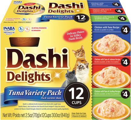 Show full view: Inaba Dashi Delight Tuna Flavored Variety Pack Bits in Broth Cat Food, 2.5-oz cup, bundle of 24  slide 3 of 12