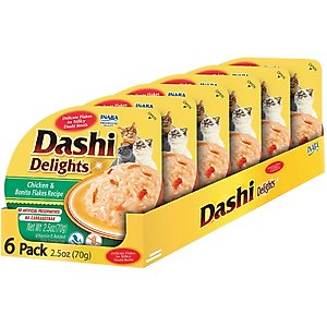 Inaba Dashi Delights Chicken & Bonito Flakes Flavored Bits in Broth Cat Food Topping, 2.5-oz cup, pack of 6