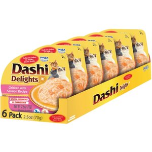 Inaba Dashi Delights Chicken with Salmon Flavored Bits in Broth Cat Food Topping, 2.5-oz cup, pack of 6