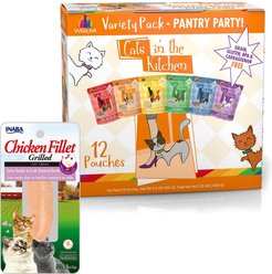 Inaba Grain-Free Grilled Chicken Fillet Extra Tender in Crab Flavored Broth Cat Treat, 0.9-oz pouch + Weruva Cats in the Kitchen Variety Pack Grain-Free Cat Food Pouches, 3-oz, case of 12